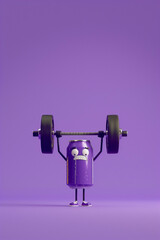 A purple converse smiling and showing her teeth lifting weights has a purple background