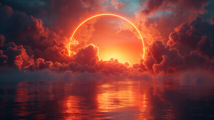 A red sun is in the center of a circle of clouds - obrazy, fototapety, plakaty