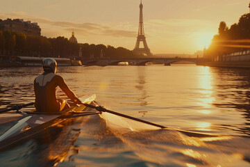 A man in futuristic sportswear rowing in a boat on the Seine in Paris and the Eiffel Tower in the distance and the sunset can be seen