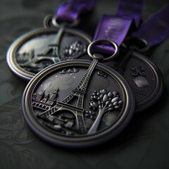 Three medals on which the Eiffel Tower is drawn, a purple strip can be seen in the background