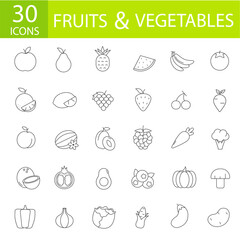 Icons for the site vegetables and fruits colored lines 30 icons illustration