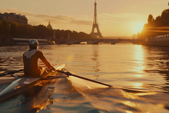 A man in futuristic sportswear rowing in a boat on the Seine in Paris and the Eiffel Tower in the distance and the sunset can be seen