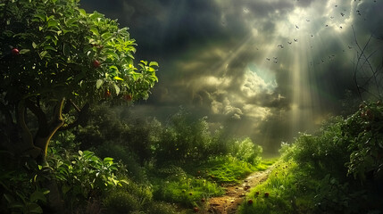 Path through an apple orchard with sun light rays passing through storm clouds on a summer day.