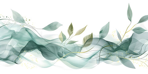 Watercolor soft green leaves with abstract gold wave lines on a white background. This abstract art banner vector illustration is designed for artwork posters or web templates.