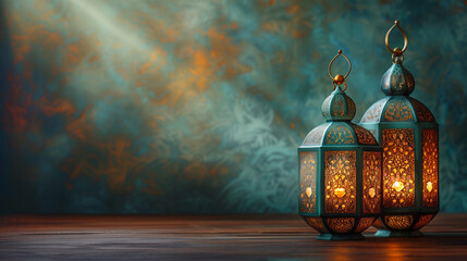 Two vibrant Ramadan lanterns grace a wooden floor against a backdrop of blurred leafy wallpaper
