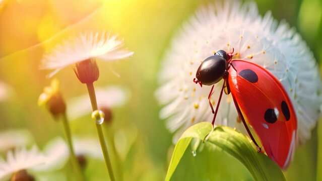 A captivating image showcasing the delicate beauty of a ladybug peacefully sitting on top of a vibrant dandelion, Ladybug on a dandelion flower close-up, Nature background, AI Generated
