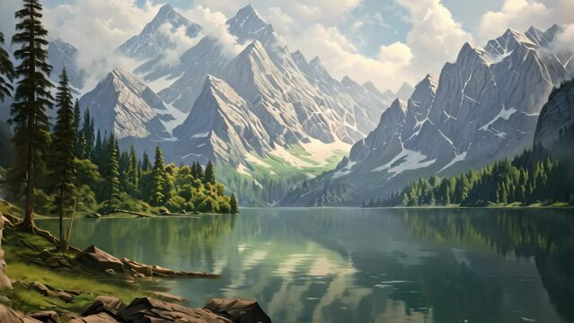 A serene painting of a mountain lake embraced by tall pine trees, capturing the beauty of nature, lake and mountains, AI Generated