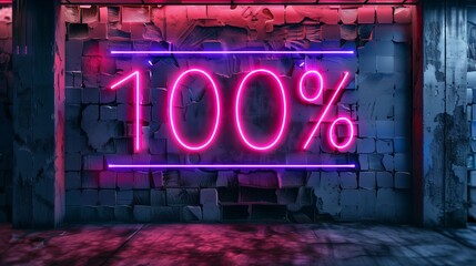 Neon 100% percent text on dark wall background