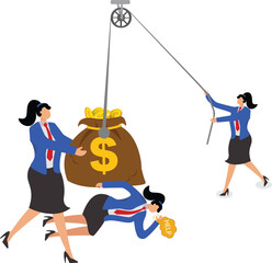 Paying off debts, debt problems, mortgage or financial loan crisis, two businesswomen try to take off the huge money bag that weighs on their companion