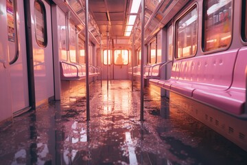 a pink subway car with benches and a pink light - obrazy, fototapety, plakaty