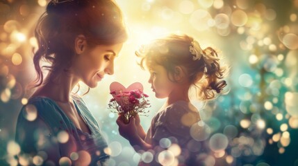 mother with daughter holding a flower heart, Mother's Day - obrazy, fototapety, plakaty