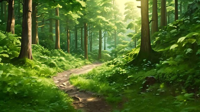 A tranquil pathway meanders through dense foliage in this beautiful forest painting, Lush green forest at sunrise, hyper realistic, AI Generated