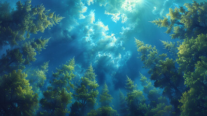 Naklejka na ściany i meble A forest with trees and blue sky