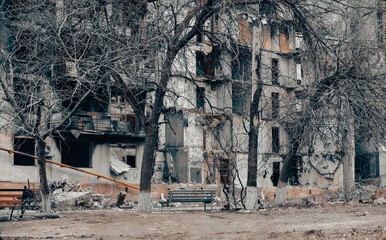 Fototapeta premium destroyed and burned houses in the city Russia Ukraine war