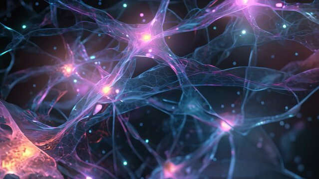 A mesmerizing computer generated image featuring a beautiful cluster of bright blue and pink lights., Microscope view of neural network with active neurons, AI Generated