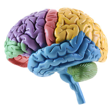 
Modified human brain model featuring a blue Cerebellum, green Cerebrum, purple Thalamus, and yellow Hypothalamus. Presented on a transparent background for easy integration, in PNG Cutout forma
