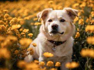 Cute white dog in flowers field