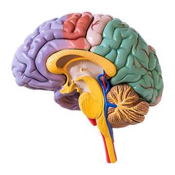
Modified human brain model featuring a blue Cerebellum, green Cerebrum, purple Thalamus, and yellow Hypothalamus. Presented on a transparent background for easy integration, in PNG Cutout forma