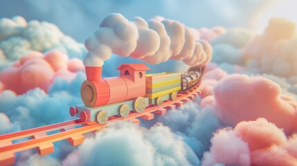 3D illustration of baby toy train running through the clouds.