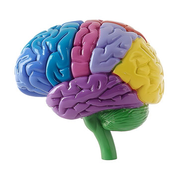 
Modified human brain model featuring a blue Cerebellum, green Cerebrum, purple Thalamus, and yellow Hypothalamus. Presented on a transparent background for easy integration, in PNG Cutout forma
