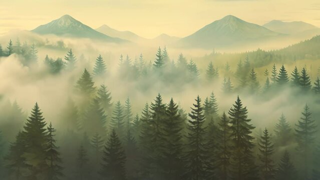 This vibrant painting showcases a dense forest teeming with an abundance of towering trees., Misty landscape with fir forest in vintage retro style, AI Generated