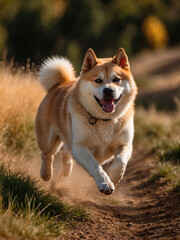 Akita with a joyful expression playing in the field
