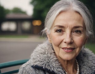 A senior woman with gray hair is smiling