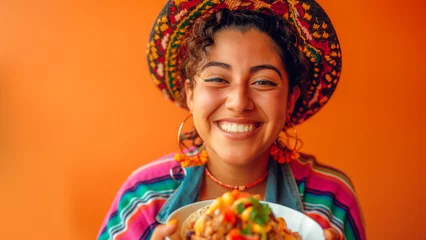 Fotobehang Mexican young woman smiling while holding a plate with mexican food over a orange background with copy space. © noeliauroz