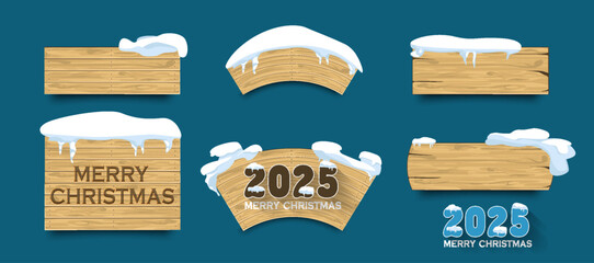 Realistic set of wooden signboards covered with snow. Vector illustration of arrow sign posts, rectangular and oval direction indicators isolated on transparent background. - 764592116