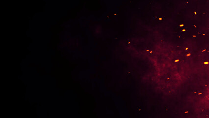 Red Glowing Ember Particles, Dark Glitter Fire Lights Rise Amidst Smoke, Fog, and Misty Texture Over Black Background. Experience the Intensity of Burning Sparks in this Abstract Composition