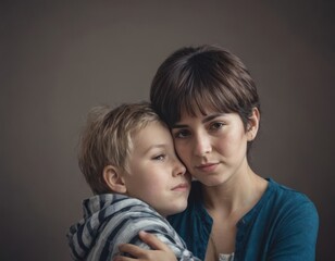 A woman and a boy are hugging each other - 764592303