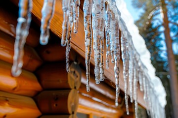 closeup of icicles hanging from a cabins roof edge - obrazy, fototapety, plakaty