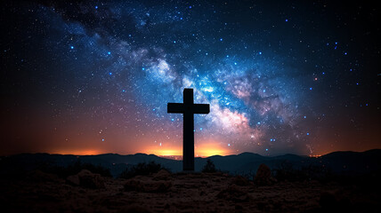 A cross is standing in the middle of a field of stars - obrazy, fototapety, plakaty