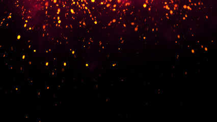 Red Glowing Ember Particles, Dark Glitter Fire Lights Rise Amidst Smoke, Fog, and Misty Texture Over Black Background. Experience the Intensity of Burning Sparks in this Abstract Composition - obrazy, fototapety, plakaty