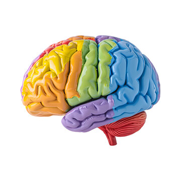Human brain model with a blue Cerebellum, green Cerebrum, purple Thalamus, and yellow Hypothalamus, isolated on a transparent background. PNG Cutout