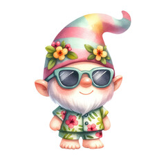 cute summer gnome wear sunglasses. watercolor illustration, Perfect for nursery art,  Can be adapted to a variety of applications such as cards, stickers, t-shirt designs, pillow patterns and more.