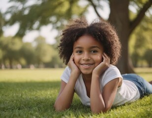 An african american young girl is laying on the grass with her hands on her face. She is smiling and she is enjoying herself - 764592767