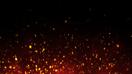 Red Glowing Ember Particles, Dark Glitter Fire Lights Rise Amidst Smoke, Fog, and Misty Texture Over Black Background. Experience the Intensity of Burning Sparks in this Abstract Composition