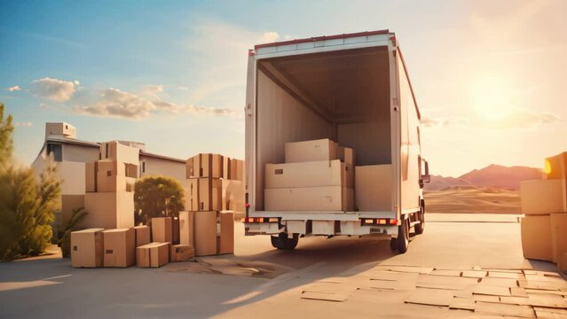 A delivery truck carrying a load of boxes for transportation, New home transition symbolized by a loaded moving truck's open door, AI Generated