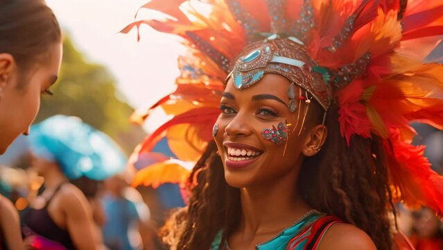 A woman beaming with happiness as she sports a vibrant and lively headdress, Notting Hill carnival performer, AI Generated
