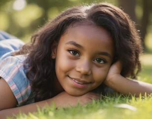 An african american young girl is laying on the grass with her hands on her face. She is smiling and she is enjoying herself - 764592900