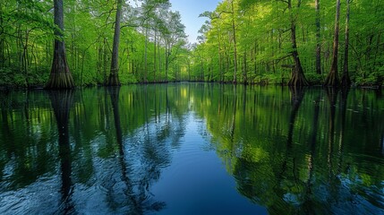 Obraz premium A peaceful swamp, water reflecting the sky and trees, creating a symphony of nature's stillness. 