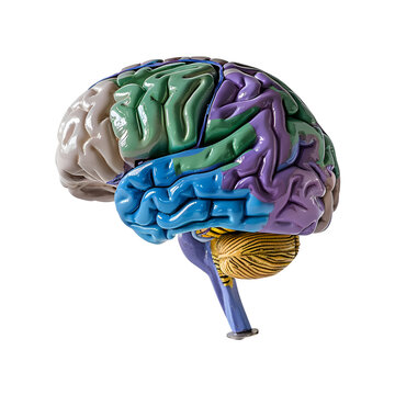 Human brain model featuring a blue Cerebellum, green Cerebrum, purple Thalamus, and yellow Hypothalamus, set against a transparent background. The image is provided as a PNG cutout
