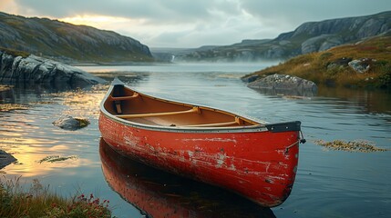 The expansive view of a freshwater lake at dawn, a lone canoe floating silently.  - obrazy, fototapety, plakaty