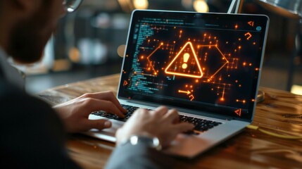 Hacker using abstract laptop with binary code digital interface. Dangerous Hooded Hacker Breaks into Government Data Servers and Infects Their System with a Virus.