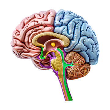 Human brain model featuring a blue Cerebellum, green Cerebrum, purple Thalamus, and yellow Hypothalamus, set against a transparent background. The image is provided as a PNG cutout