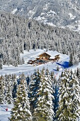 Winter scenery of famous restaurant on the slopes of Courchevel ski resort by winter 