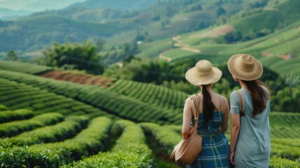 Asian woman views Choui Fong tea plantation, Thailand