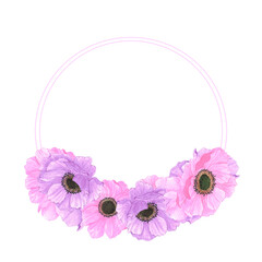 Hand drawn watercolor pink and purple anemone flowers wreath frame border isolated on white background. Can be used for post card, poster and other printed products.