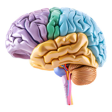 Human brain model featuring a blue Cerebellum, green Cerebrum, purple Thalamus, and yellow Hypothalamus, set against a transparent background. The image is provided as a PNG cutout